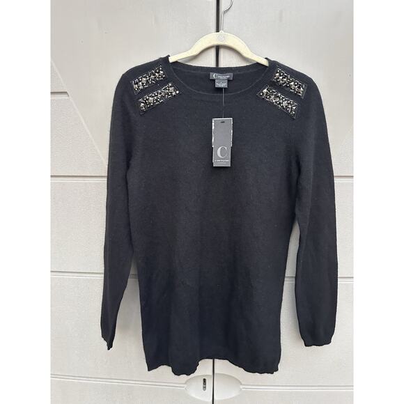 C By Bloomingdale's 100% Cashmere Embellished Shoulders Sweater Sz M Black $228 - Picture 4 of 12